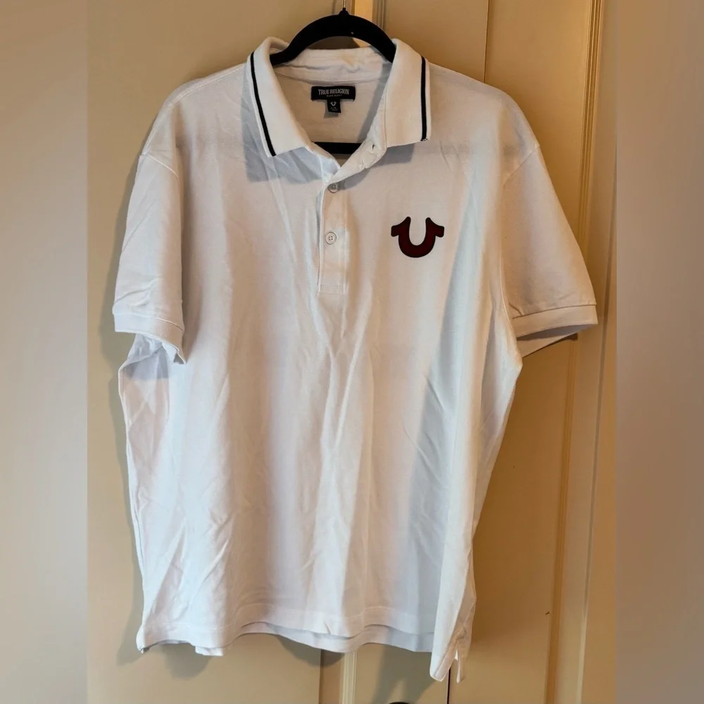 True Religion White Polo Shirt with Red Logo Graphic Polo